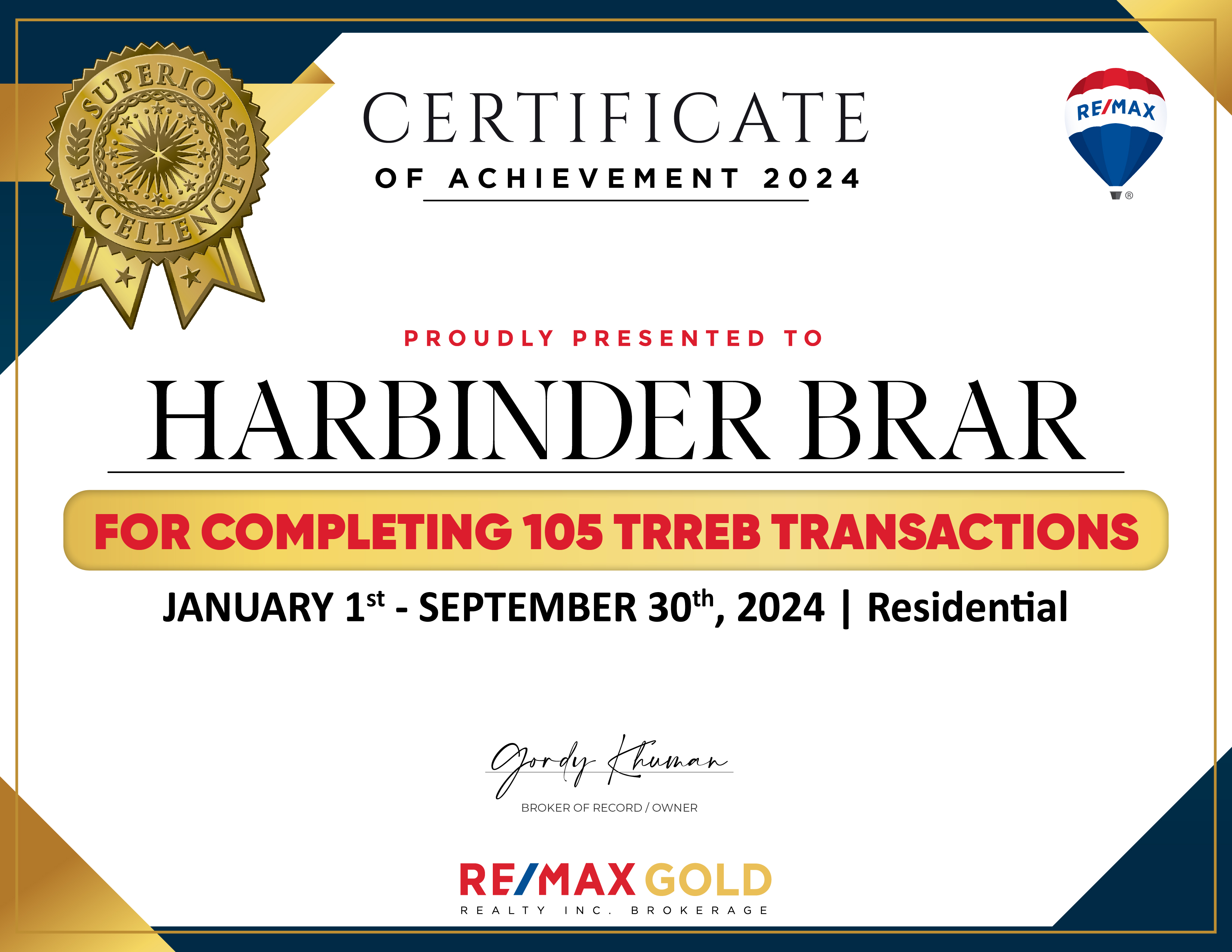 RE/MAX real estate achievement certificate for 2024
