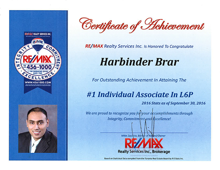 RE/MAX achievement recognition dated September 30, 2016